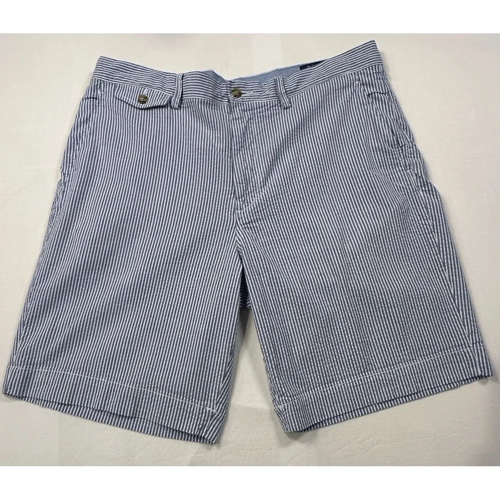 Polo Ralph Lauren Men's Shorts Sz‎ 35 Stretch Straight Fit Seersucker Blue/White